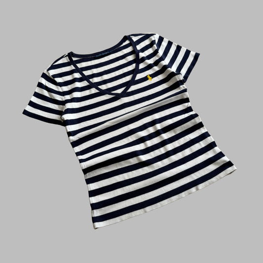 Y2K Ralph Lauren Striped Low Cut T-Shirt - L