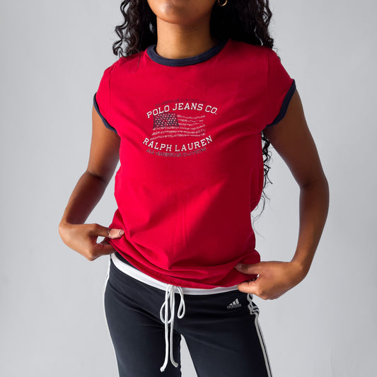 Y2K Ralph Lauren Polo Jeans Co Printed Ringer Baby Tee - S