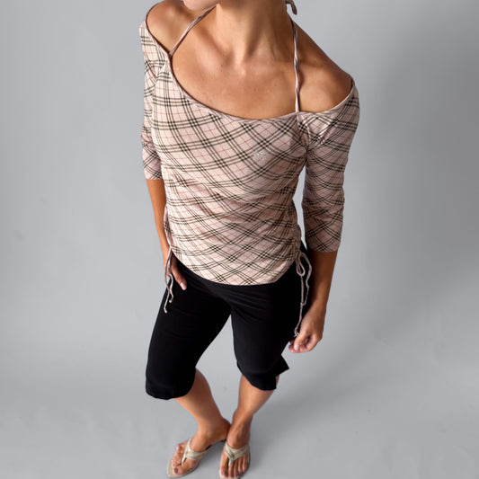 Y2K Burberry Nova Check Halter Tie 3/4 Sleeve Top - M