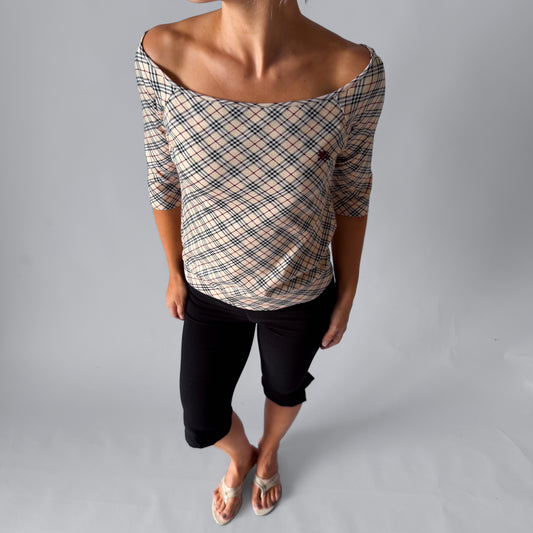 Y2K Burberry Nova Check 3/4 Long Sleeve Top - M
