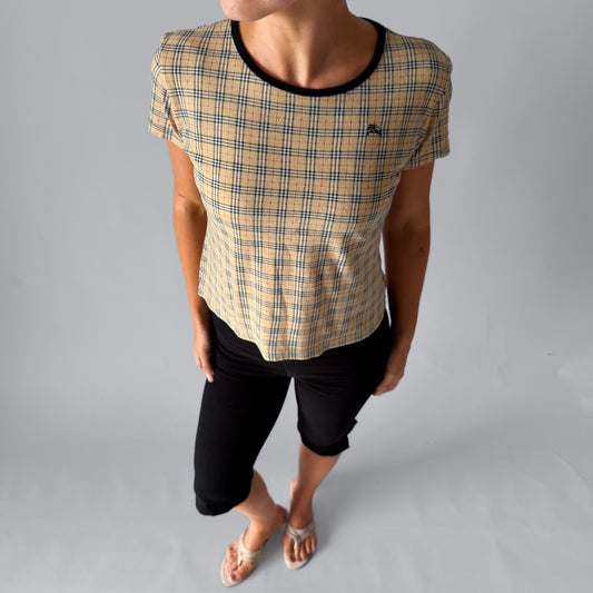 90s Burberry Nova Check Ringer Top - M