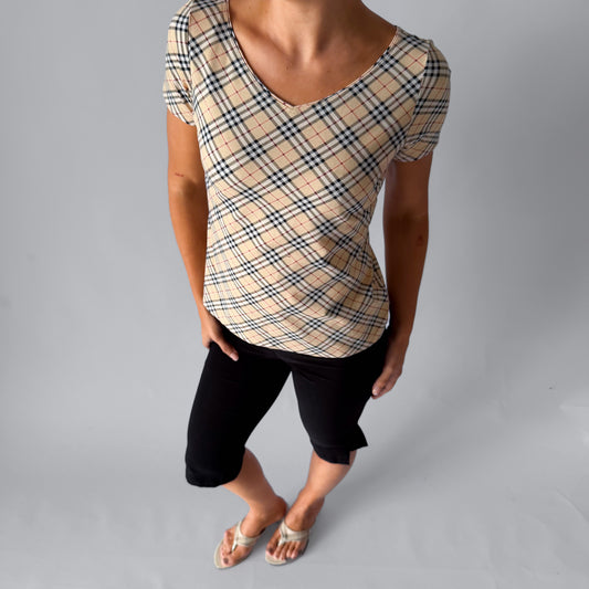 Y2K Burberry Nova Check V-Neck Top - M