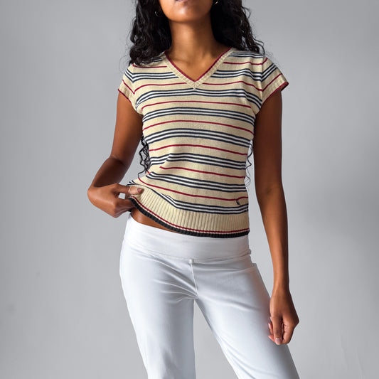 Y2K Burberry Striped Knit V-Neck Top - M/L