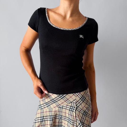 Y2K Burberry Blue Label Nova Check Trim Fitted Top - S/M
