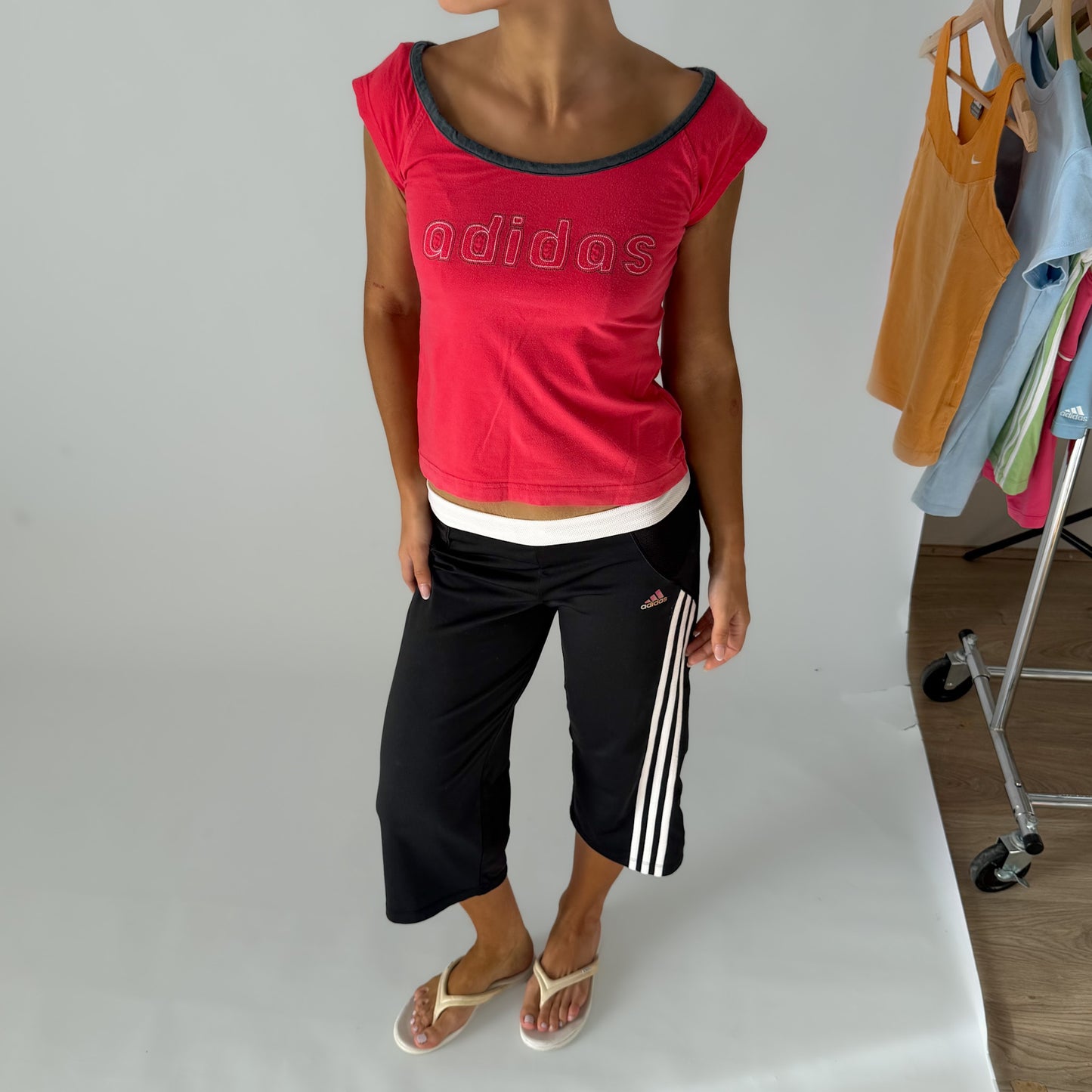 Y2K Adidas Embroidered Scoop Neck Baby Tee - S/M