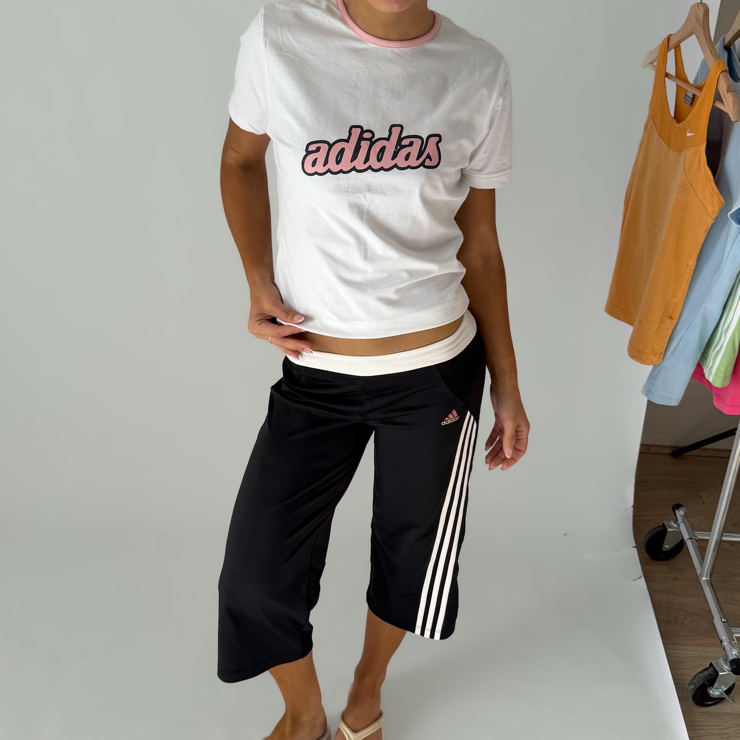 90s Adidas Spell Out Synched Baby Tee - M