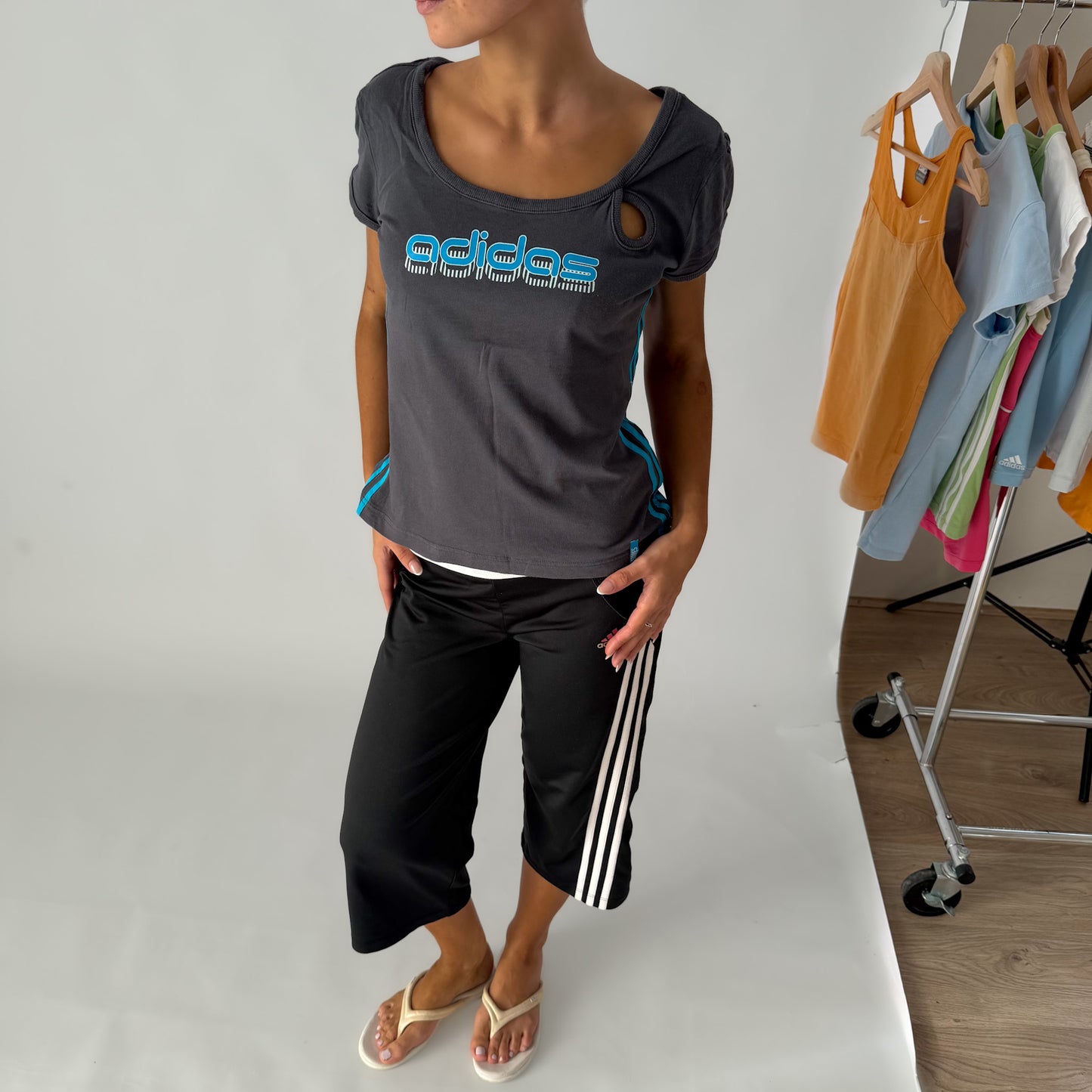 Y2K Adidas Round Neck Spell Out Tee - M
