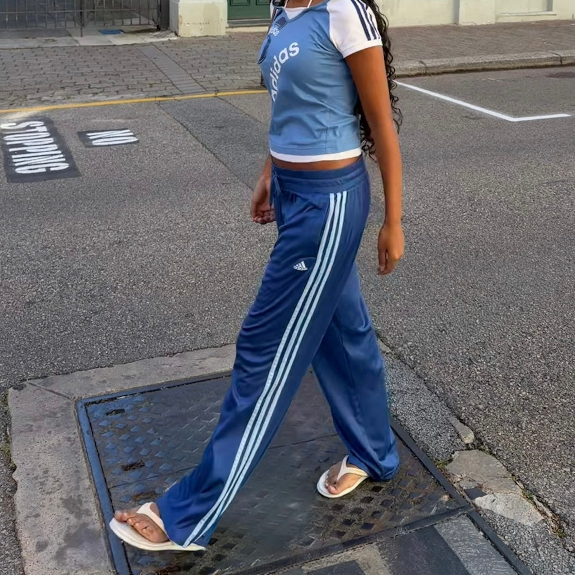 Y2K Adidas Three Stripe Wide Leg Track Pants - L