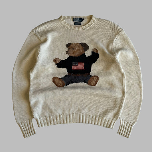 90s Rare Polo Sitting Bear Knit - Large