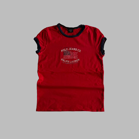 Y2K Ralph Lauren Polo Jeans Co Printed Ringer Baby Tee - S