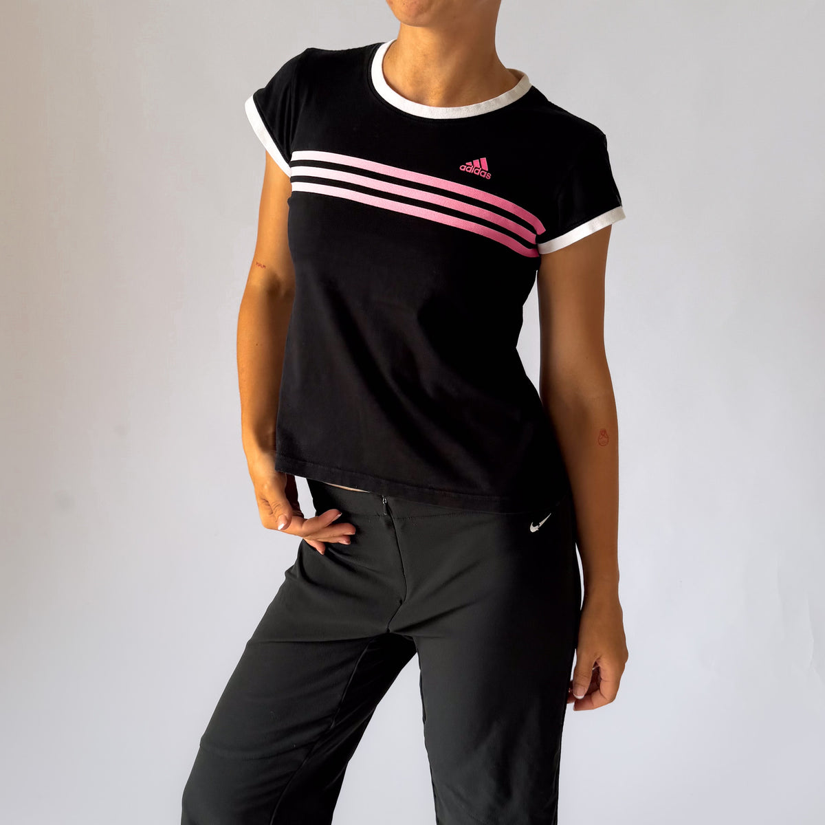 Y2K Adidas Three Stripe Ringer Baby Tee - S