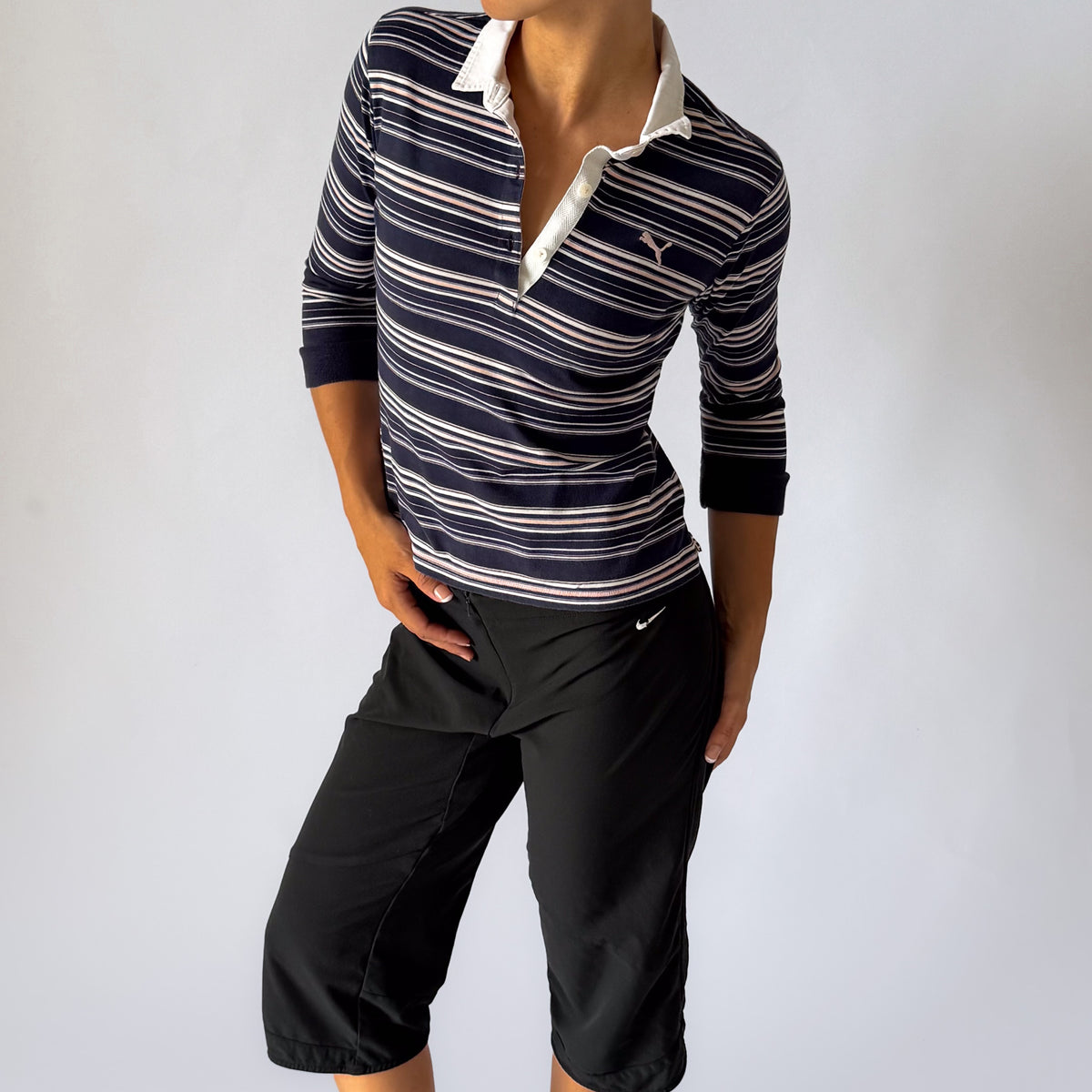 Puma Striped 3/4 Sleeve Polo Top - S