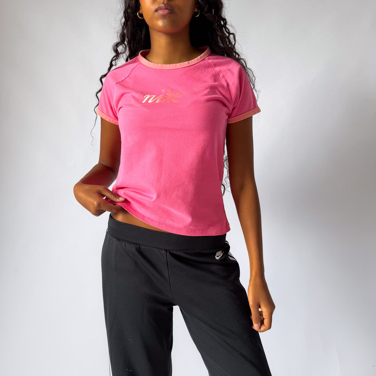 Y2K Nike Cursive Ringer Baby Tee - M