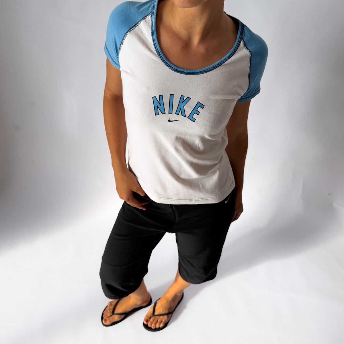 Y2K Nike Raglan Spell Out Baby Tee - M