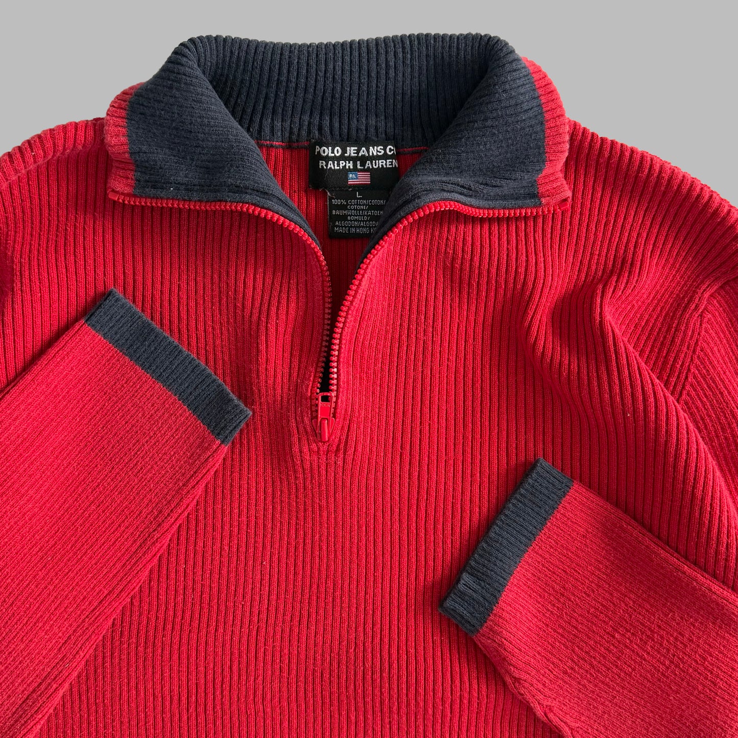Y2K Polo Ralph Lauren Ribbed Flag Quarter Zip - L