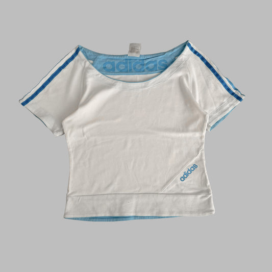 Y2K Adidas Wide Neck Three Stripe Activewear Top - L