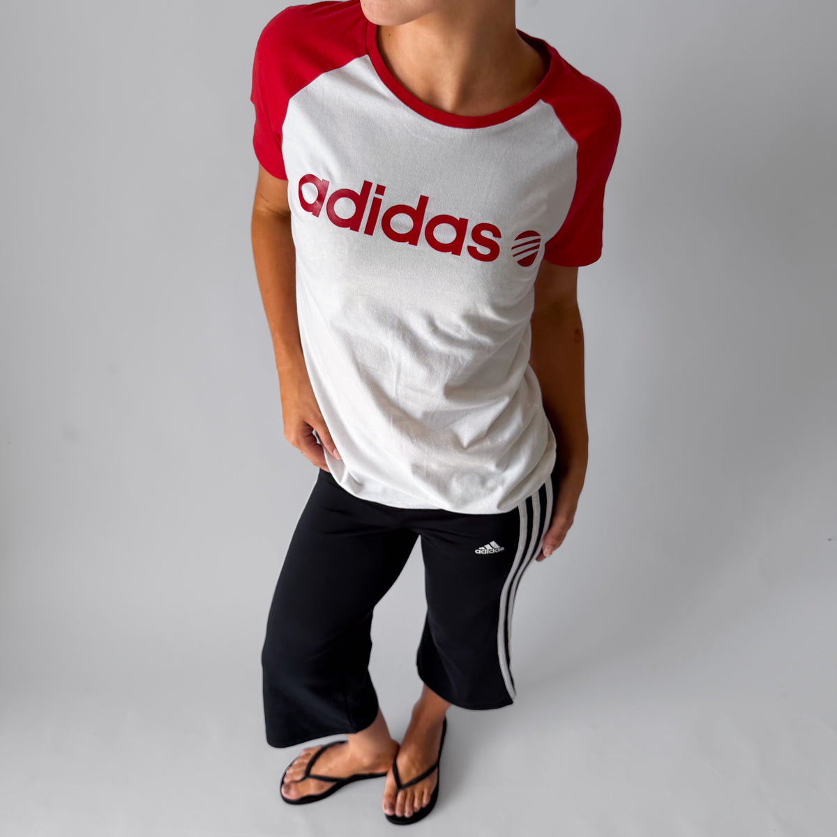 Y2K Adidas Spell Out Raglan Baby Tee - L