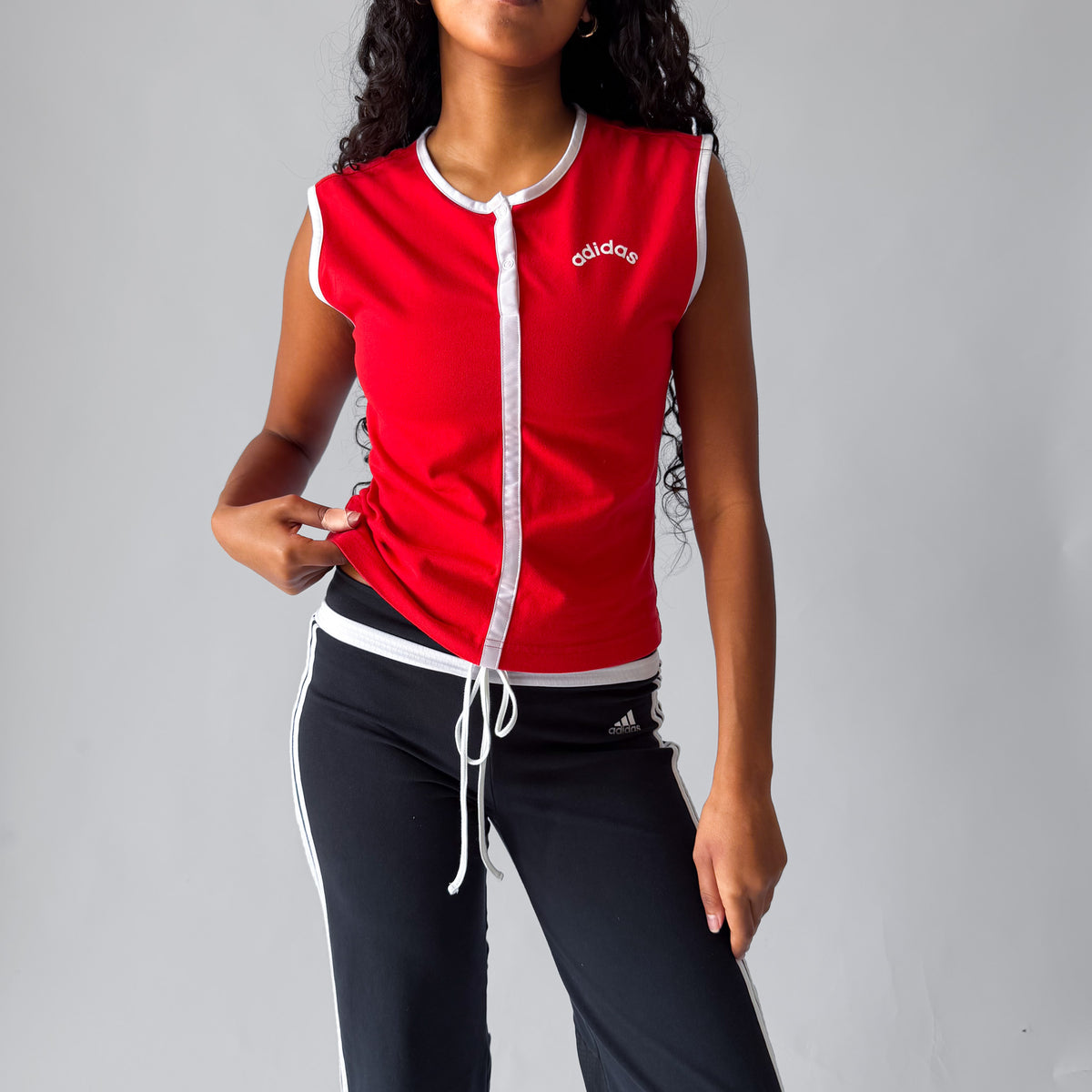 Y2K Adidas Button Front Fitted Top - M
