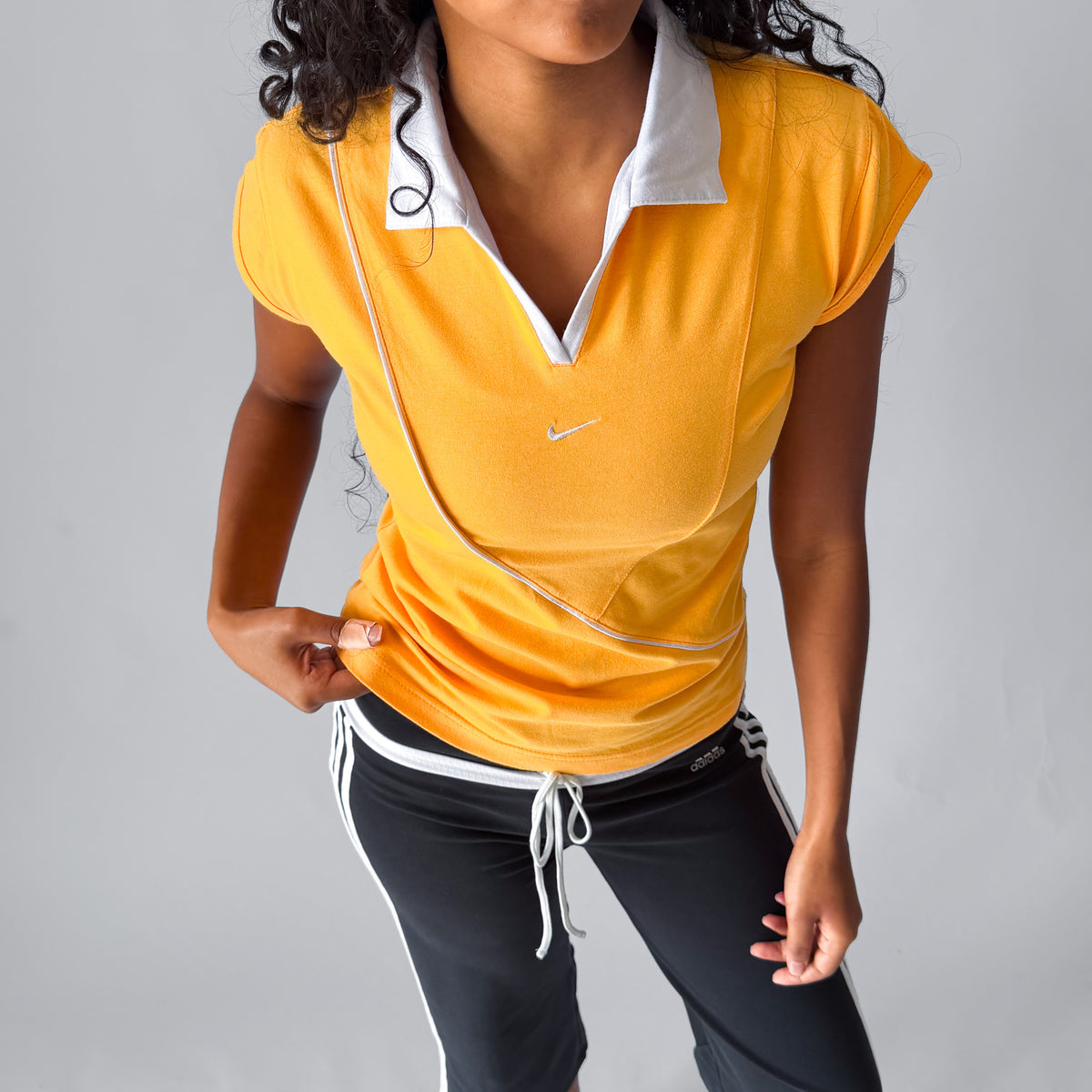 Y2K Nike Striped Cap Sleeve Polo Top - L