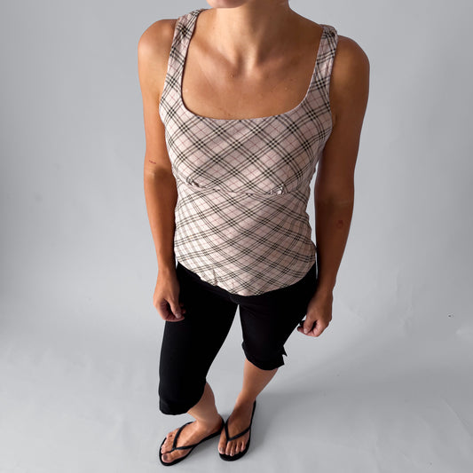 Y2K Burberry Blue Label Nova Check Tie-Neck Halter Top - S/M