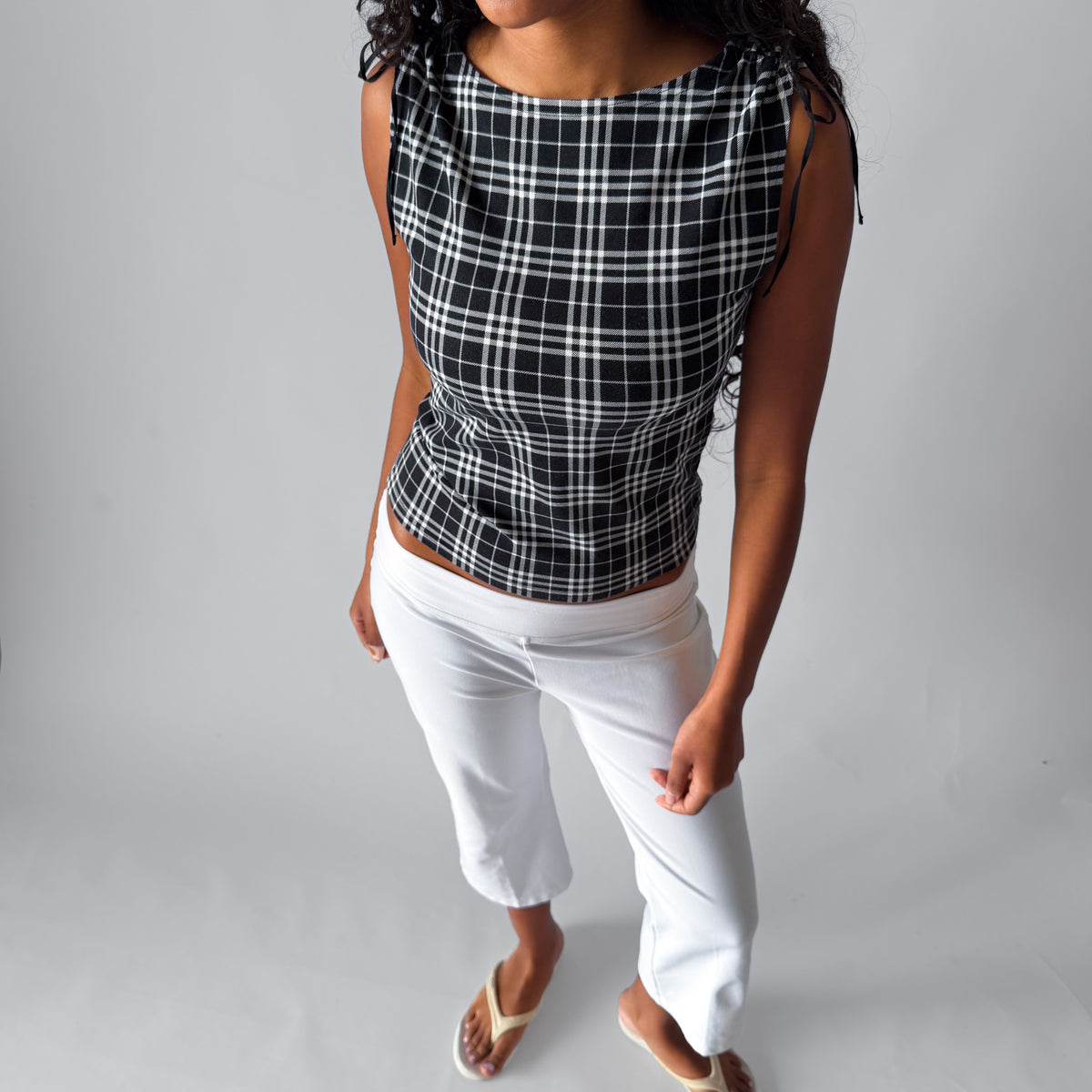 Y2K Burberry Check Ruched Shoulder Top - S/M