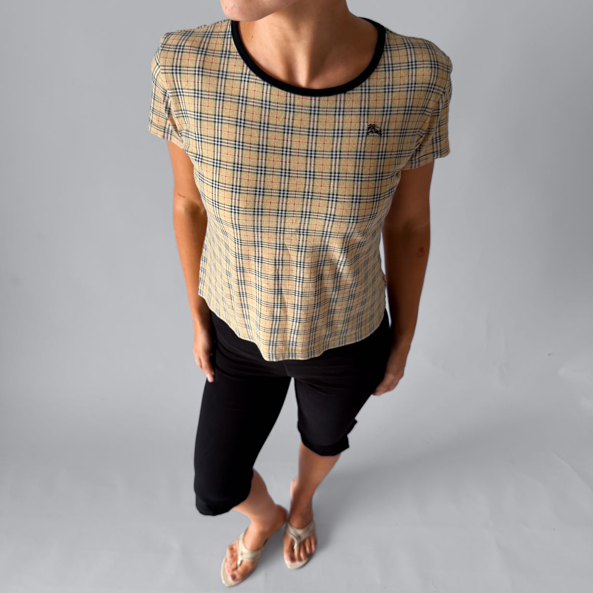 90s Burberry Nova Check Ringer Top - M