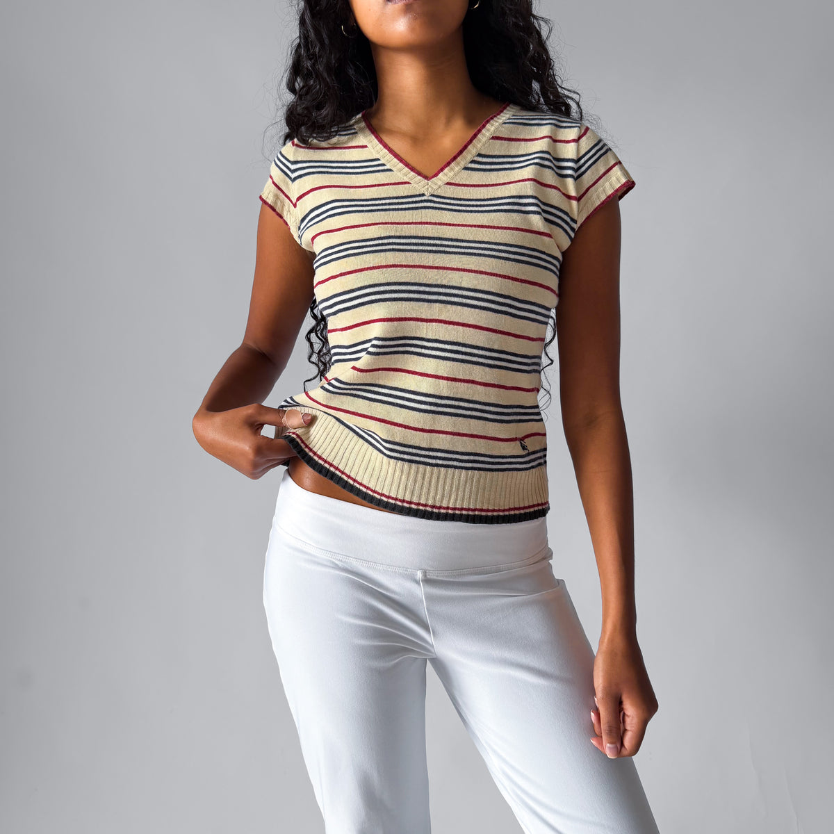 Y2K Burberry Striped Knit V-Neck Top - M/L