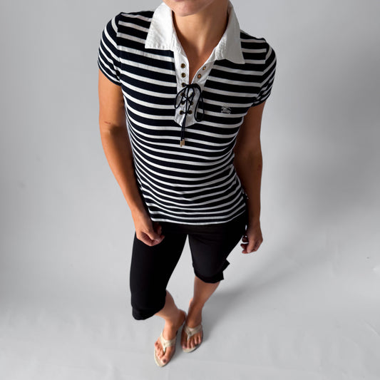 Y2K Burberry Blue Label Striped Lace Up Polo Top - M