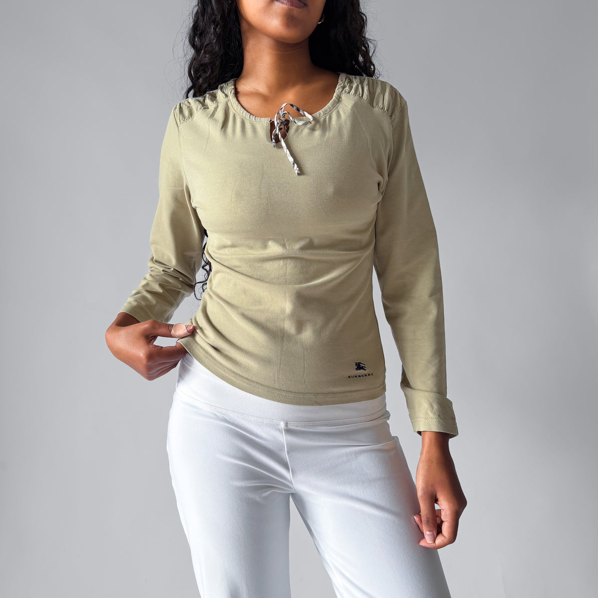 Y2K Burberry Tie Neck Long Sleeve Top - M/L