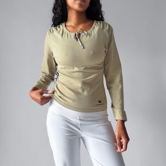 Y2K Burberry Tie Neck Long Sleeve Top - M/L