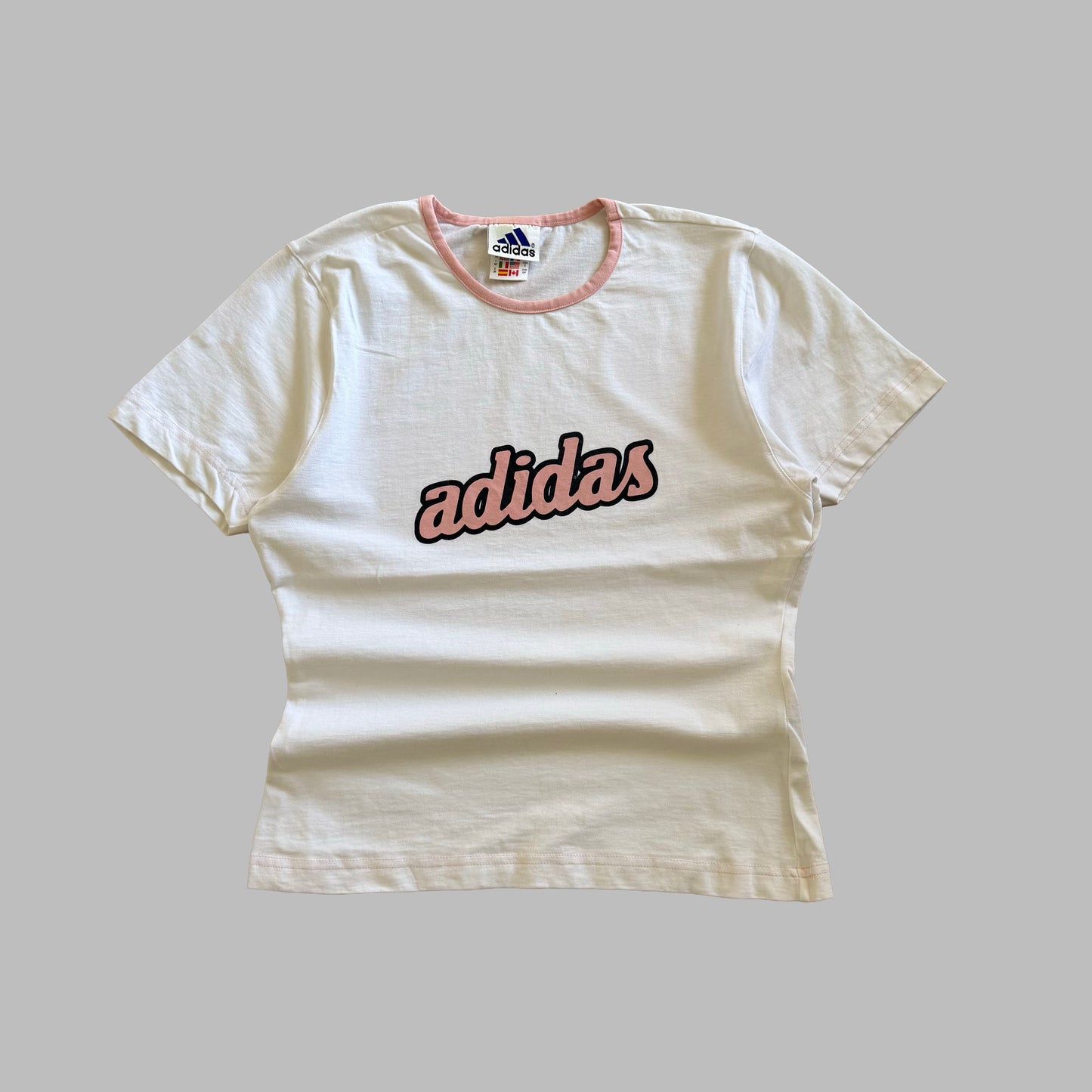 90s Adidas Spell Out Synched Baby Tee - M