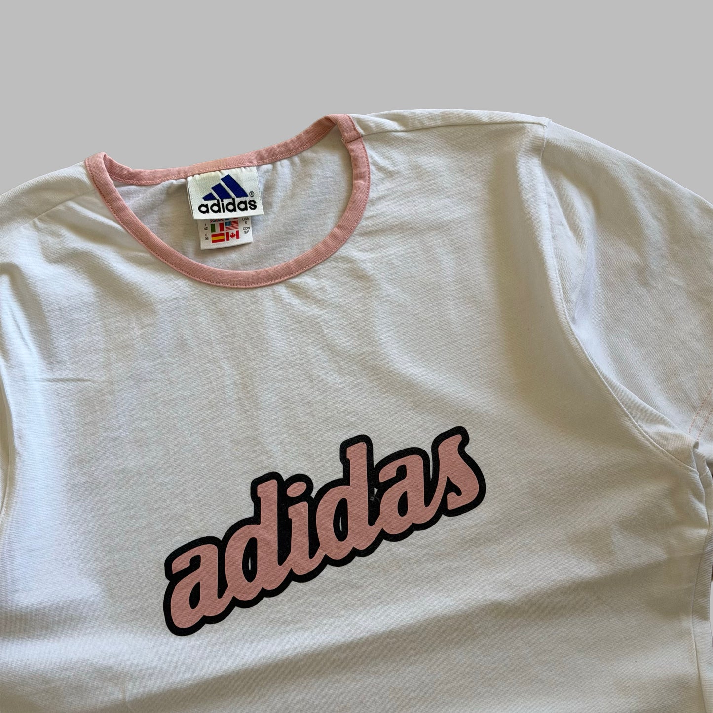 90s Adidas Spell Out Synched Baby Tee - M