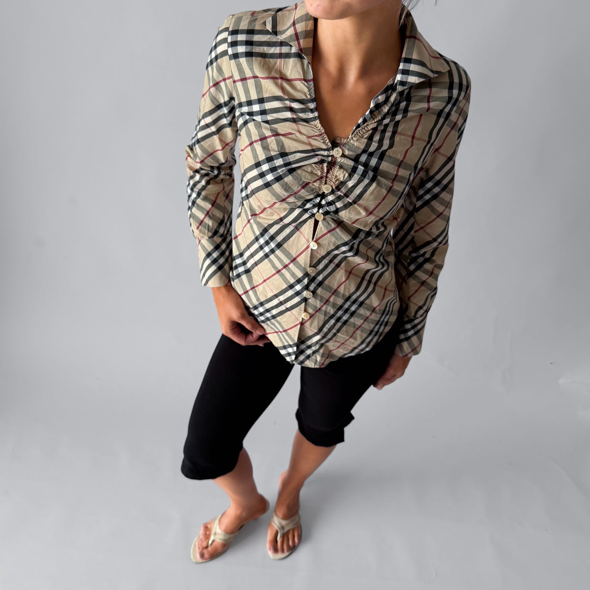 Y2K Burberry Nova Check Ruched Button Up Shirt - S/M