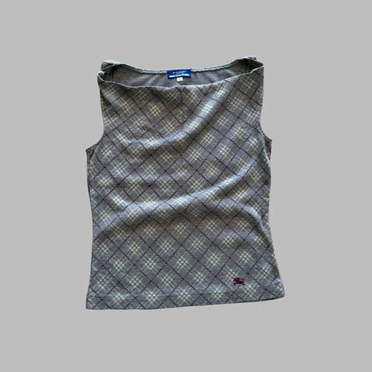 Y2K Burberry Blue Label Check Boat Neck Top - S/M