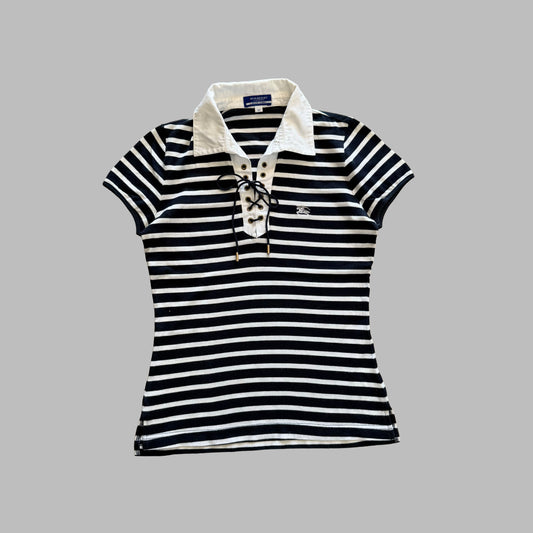 Y2K Burberry Blue Label Striped Lace Up Polo Top - M