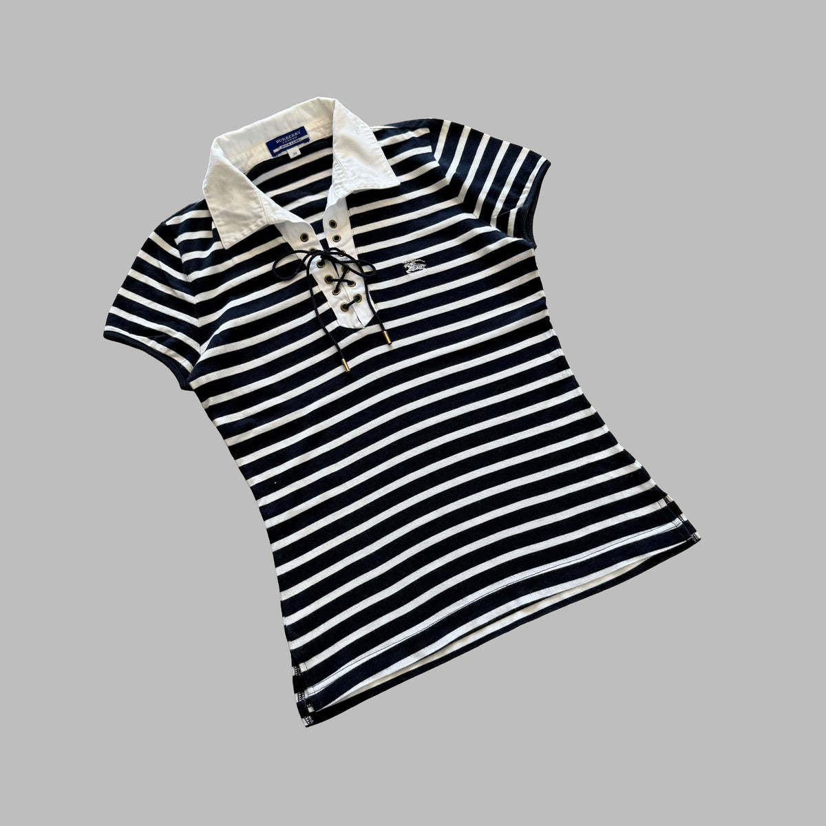 Y2K Burberry Blue Label Striped Lace Up Polo Top - M