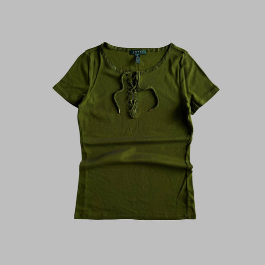 Y2K Ralph Lauren Lace-Up Scoop Neck T-Shirt - M