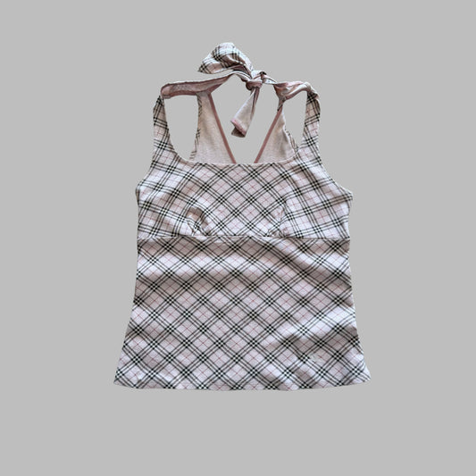 Y2K Burberry Blue Label Nova Check Tie-Neck Halter Top - S/M