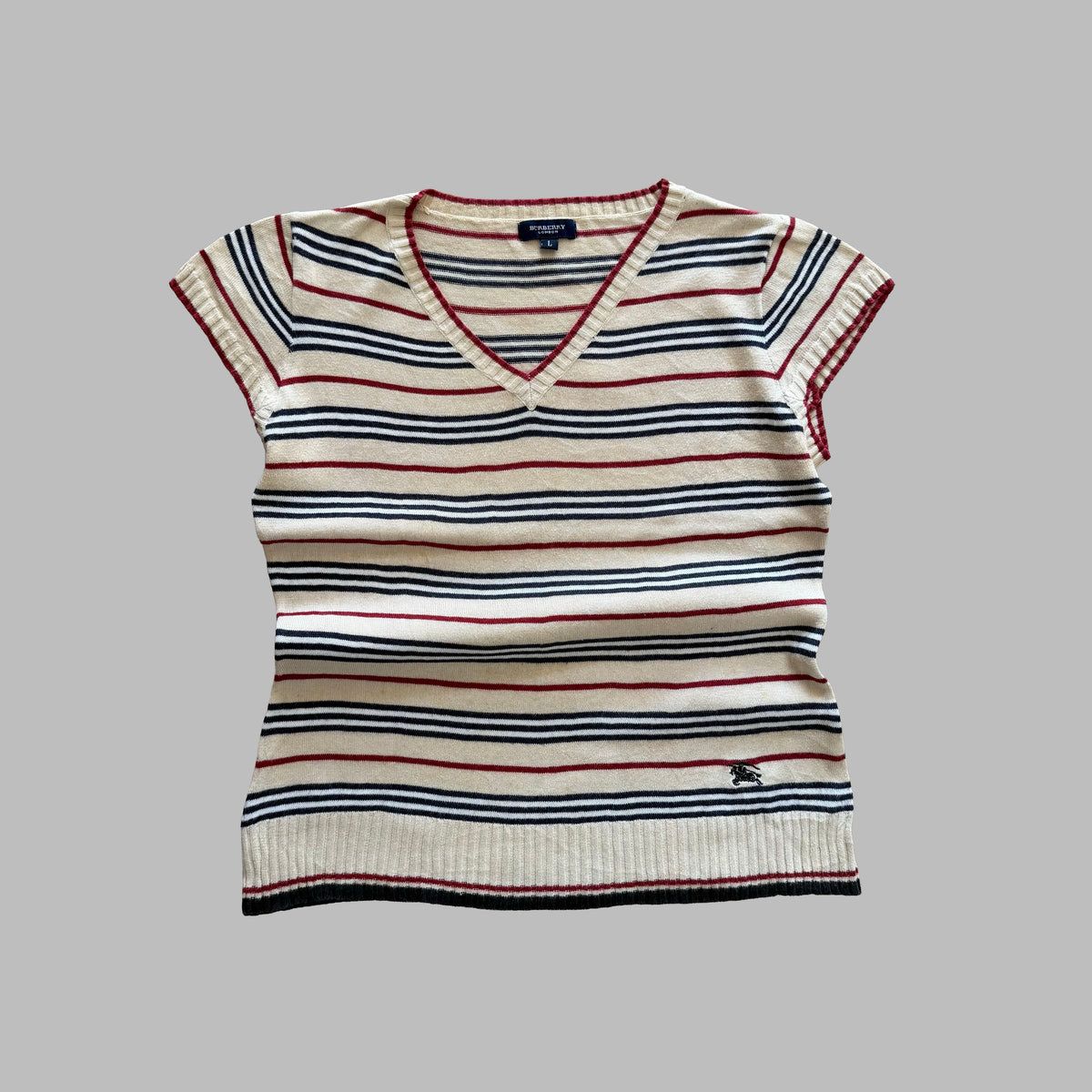 Y2K Burberry Striped Knit V-Neck Top - M/L