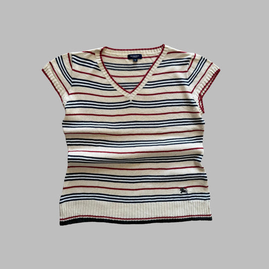 Y2K Burberry Striped Knit V-Neck Top - M/L