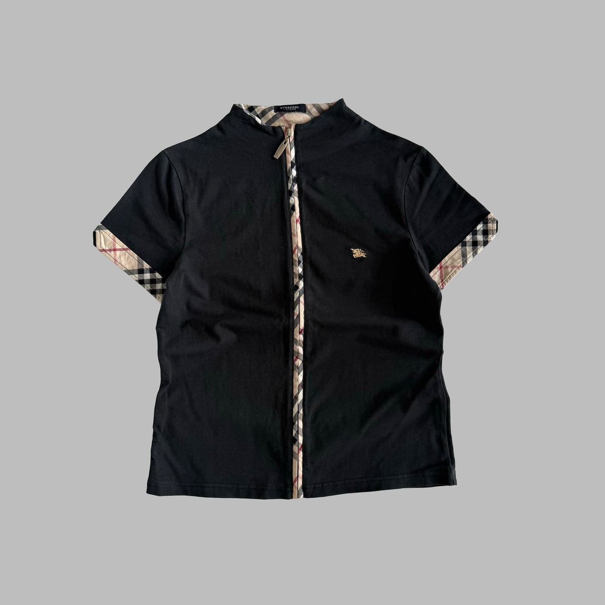 Y2K Burberry Nova Check Trim Zip-Up Top - M