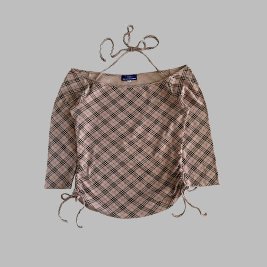 Y2K Burberry Nova Check Halter Tie 3/4 Sleeve Top - M