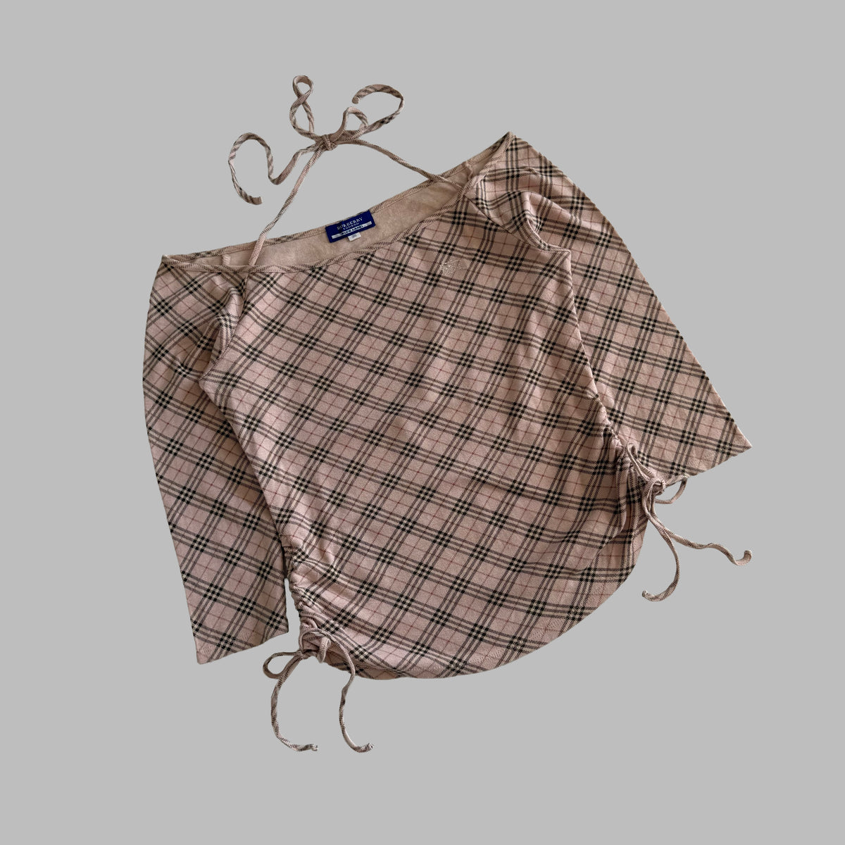 Y2K Burberry Nova Check Halter Tie 3/4 Sleeve Top - M