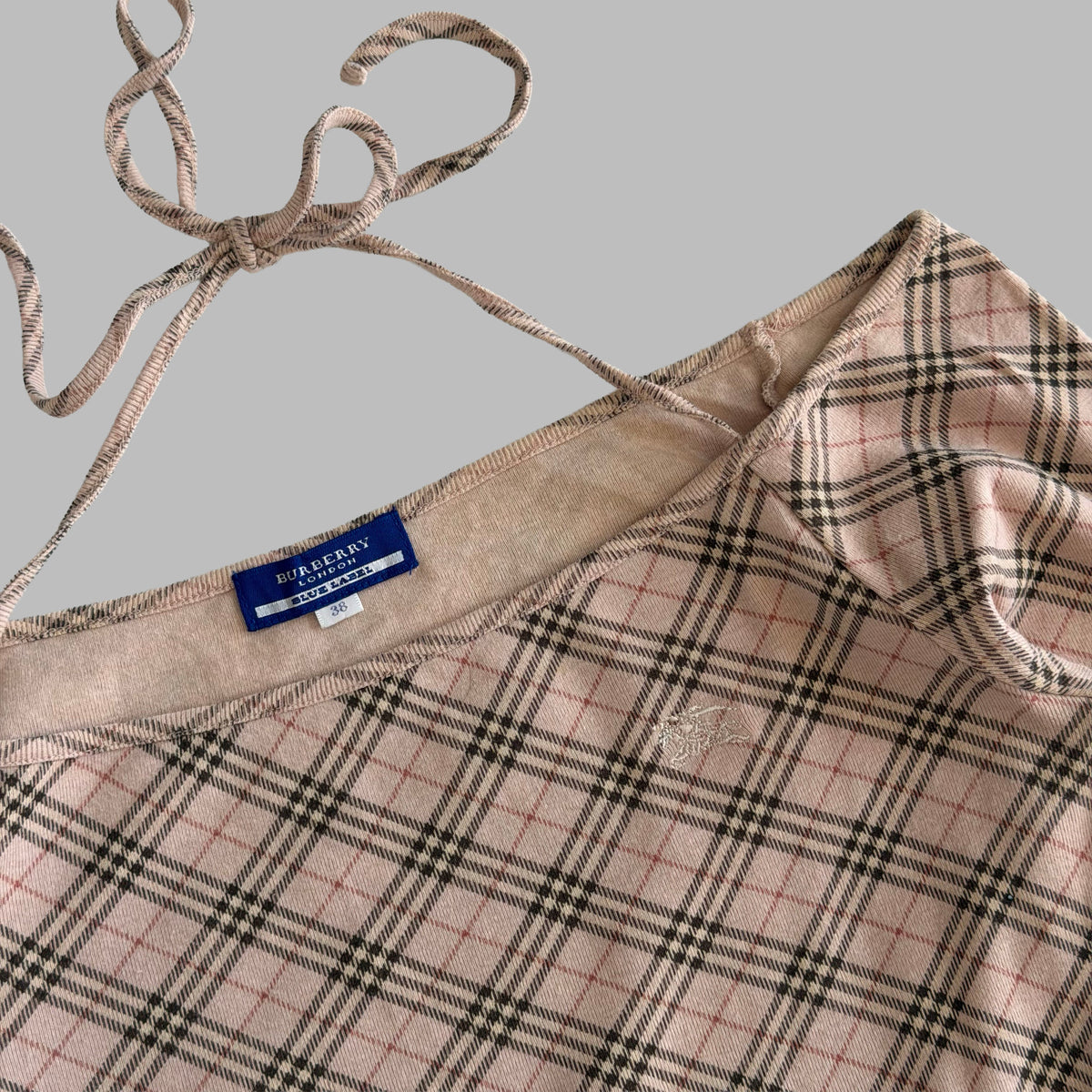 Y2K Burberry Nova Check Halter Tie 3/4 Sleeve Top - M
