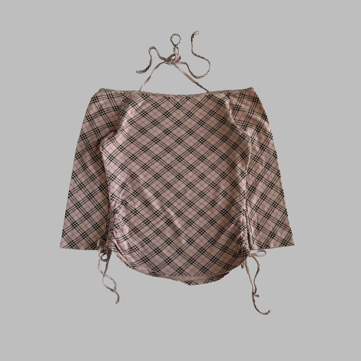 Y2K Burberry Nova Check Halter Tie 3/4 Sleeve Top - M