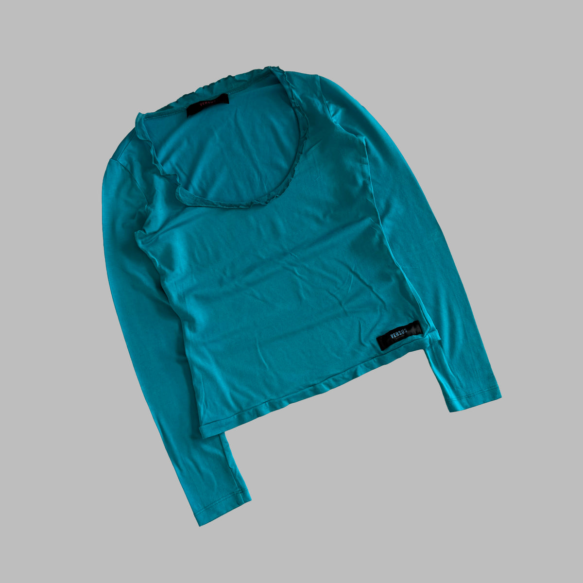 Y2K Versace Ruffle Trim Scoop Neck Long Sleeve Top - S