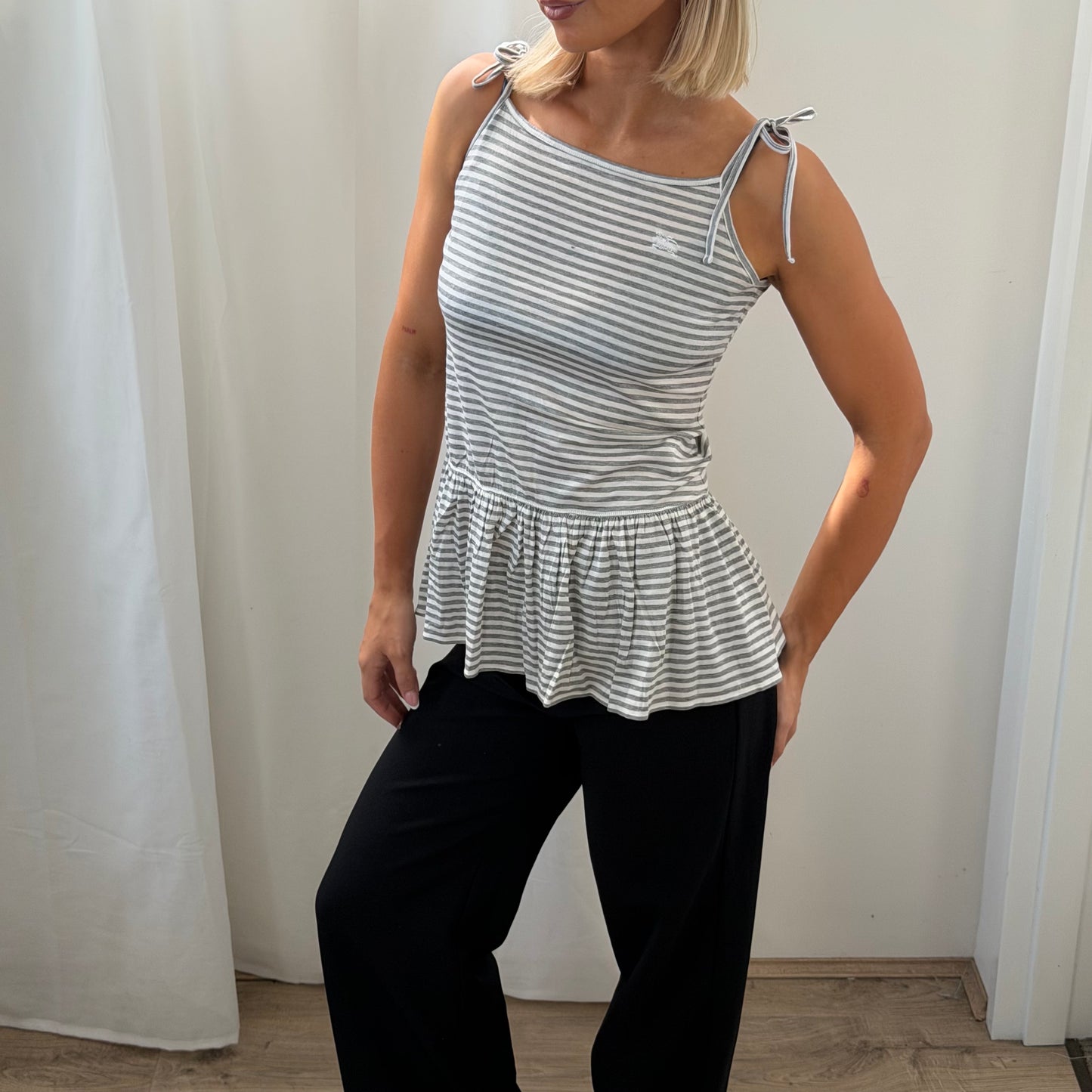 Y2K Burberry Blue Label Striped Baby Doll Top - M