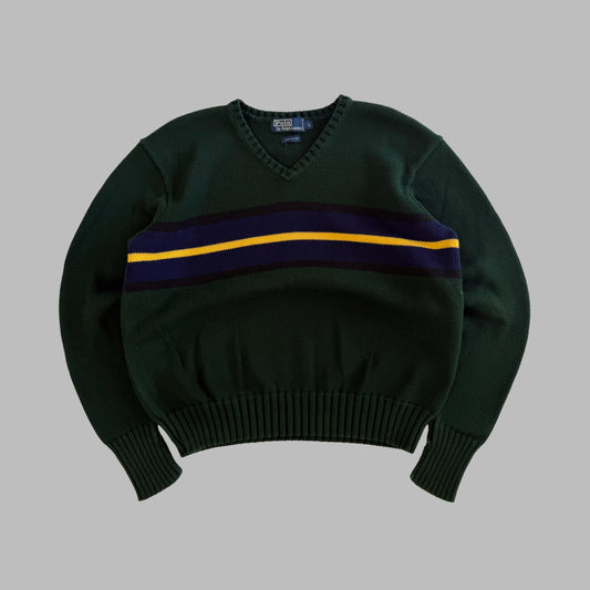90s Polo Ralph Lauren Striped V-neck Heavy Knit - L